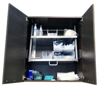 30-inch dental hygiene cabinet with integrated sink, storage drawers, and upper compartments in a compact design.