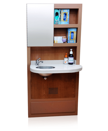 32-inch Comfort in-wall storage cabinet with shelves.