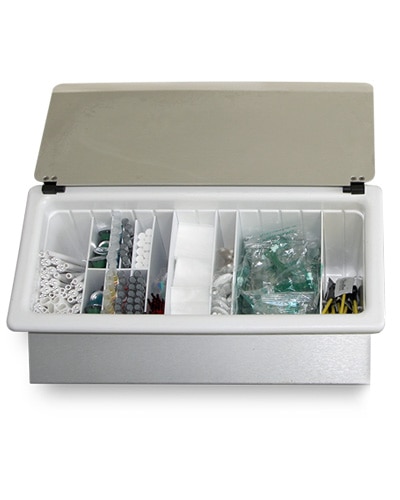 Stacked consumable bins in various colors and sizes, designed for organized medical storage.
