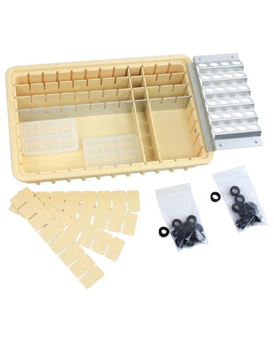 Stacked MegaTub bins in different sizes and colors, designed for durable medical or industrial storage.