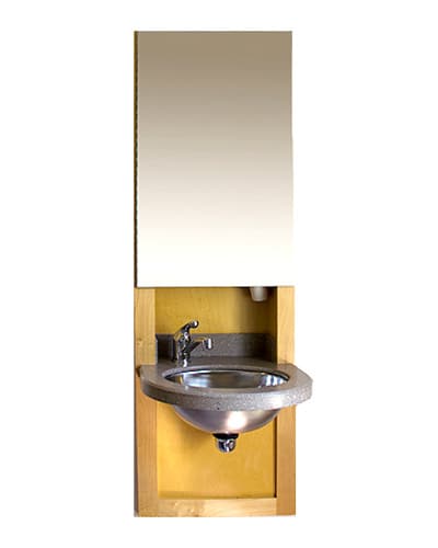 16-inch Comfort in-wall cabinet with open compartments and clear bins for organized medical storage.