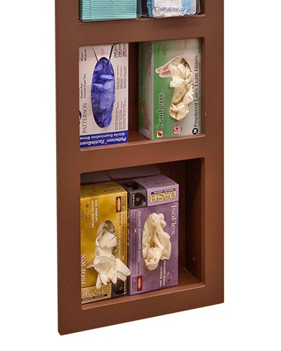 Wall-mounted 16-inch in-wall unit with organized bins and dispensers for medical supply storage.