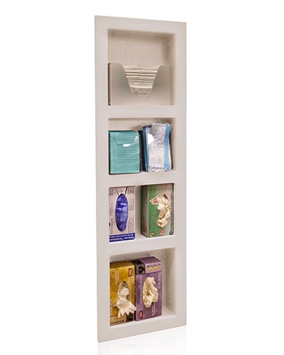 16-inch in-wall unit with open front, showing internal compartments and clear storage bins for medical use.