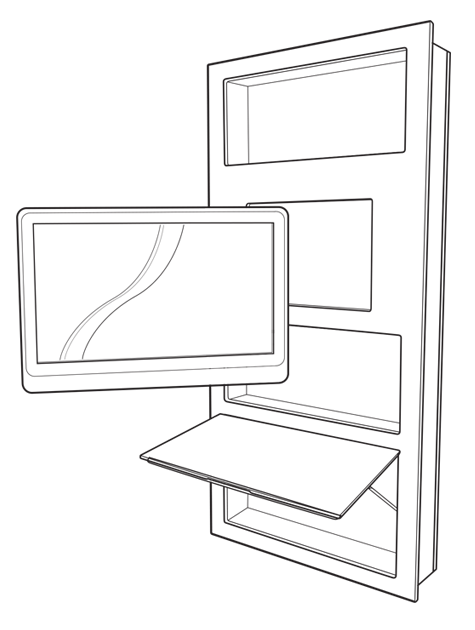 24-inch in-wall media cabinet with outlets and compartments.