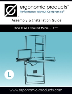Installed 32-inch media in-wall unit with clear bins and labeled supply compartments on left-side wall.