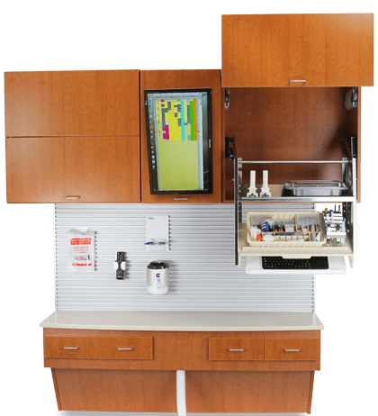 Manhattan dental cabinet with vertical design, upper and lower storage, and central sink for compact operatory spaces.