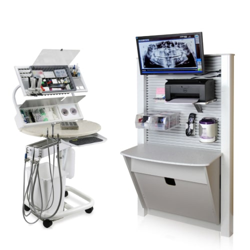 Dental delivery unit with instrument arms and controls.