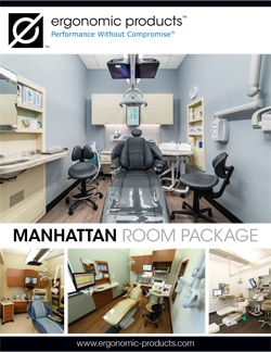 Manhattan package sell sheet featuring ergonomic dental equipment setup, including cabinets and workstations designed for optimal functionality in a dental office.