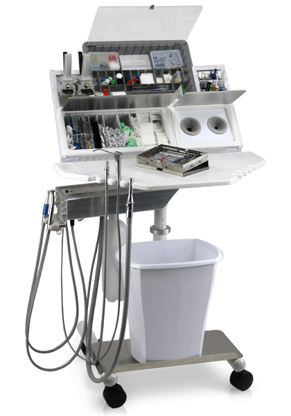 Terra dental workstation with upper and lower storage, integrated sink, and sleek, space-saving design for clinical environments.