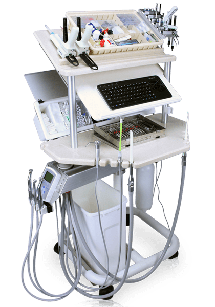 Universal dental workstation with multiple monitors, instrument holders, and adjustable ergonomic components.