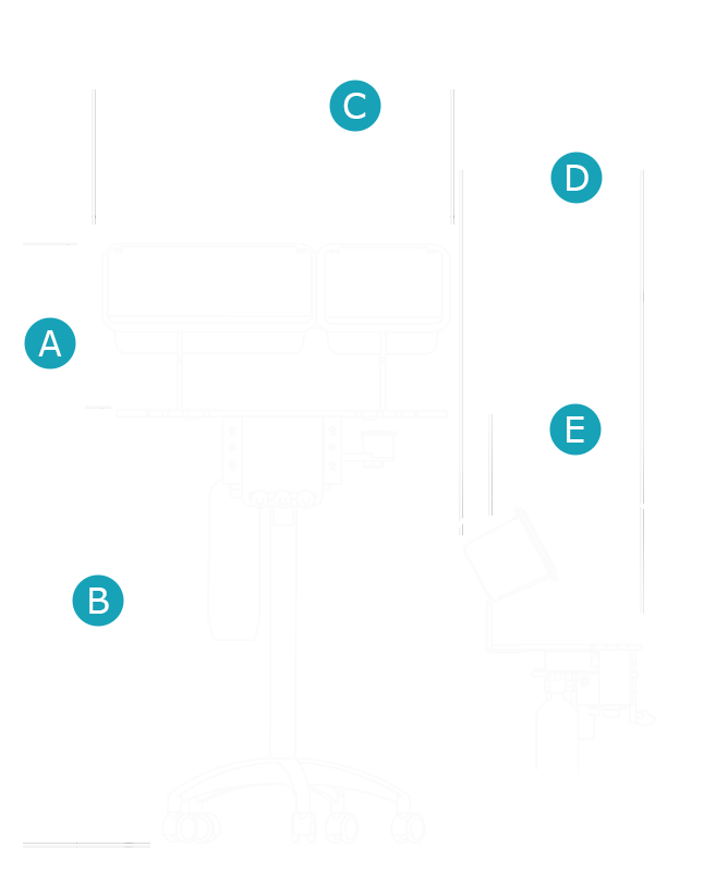 SRS Dental Delivery Workstation 2D line drawing of general measurements