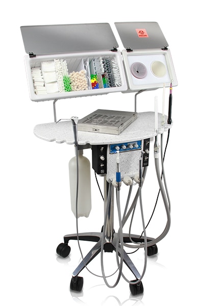 SRS Dental Delivery Workstation with consumable bin lids open