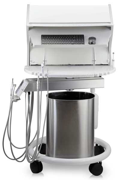 Compact Stratus workstation with integrated dual monitor mounts, adjustable keyboard tray, and vertical storage modules.