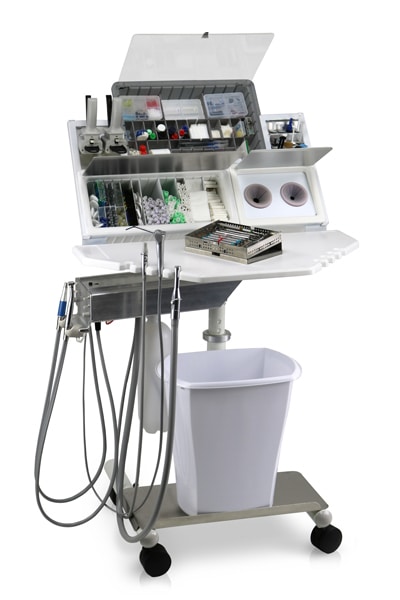 Terra workstation with mounted monitor, keyboard tray, and supply bins on a vertical wall track system.