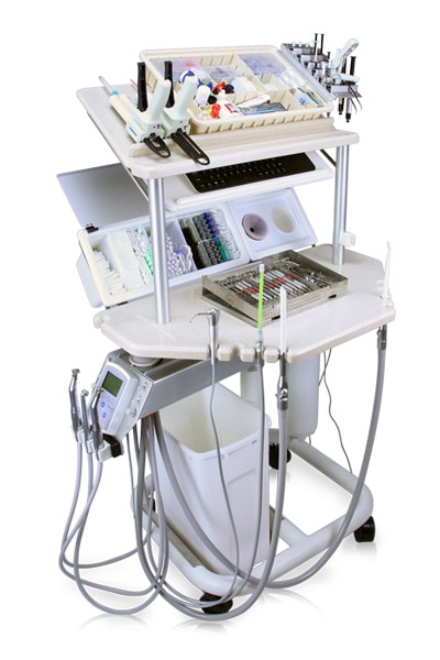 Universal workstation with dual monitors, keyboard tray, and modular storage bins mounted on a vertical track.